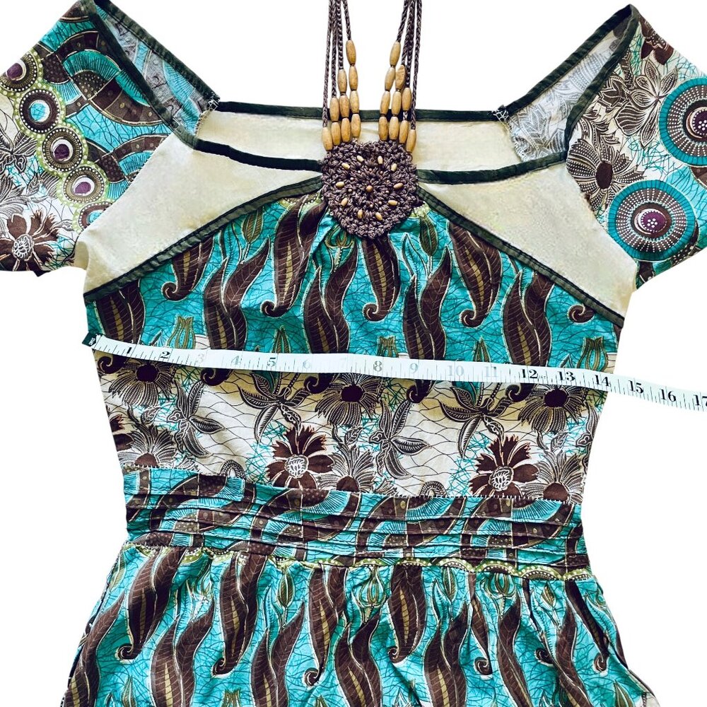 Vintage White, Black, Turquoise + Gold Sparkle Boho Dress Cottagecore Whimsy - Picture 8 of 11